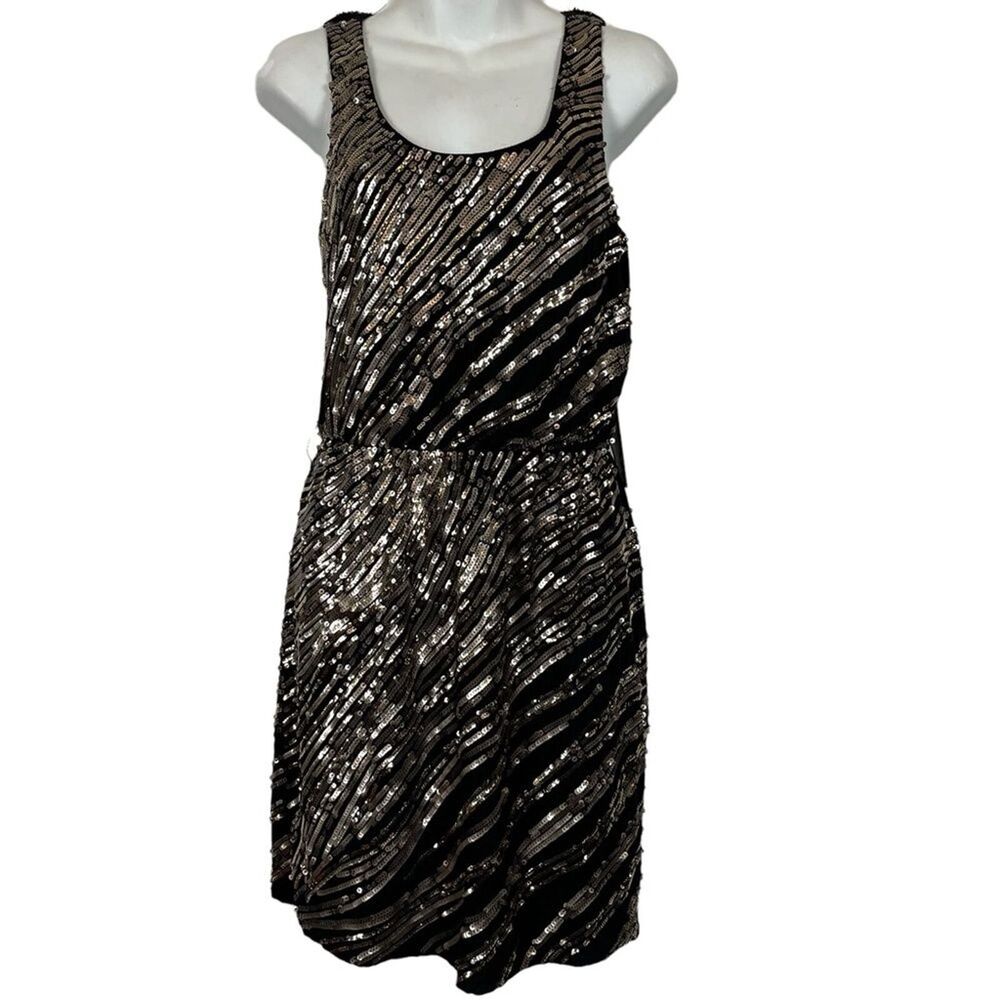 Express Black Gold Sequin Sleeveless V-Back Swifty Party Evening Dress NWT S